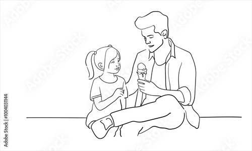 Dad and daughter continuous line art drawing isolated on white background. Fathrs Day. Vector illustration	