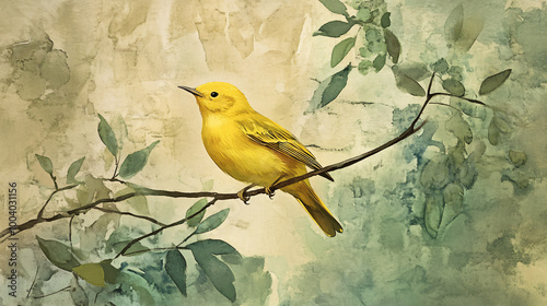 A yellow warbler singing from a branch photo