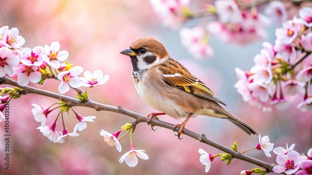 Wide-Angle Eurasian Tree Sparrow Perched on Cherry Blossom Branch in Full Bloom Wide-Angle Eurasian Tree Sparrow Perched on Cherry Blossom Branch in Full Bloom