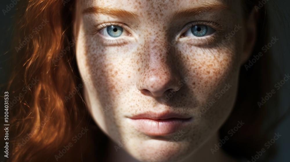 A close-up portrait of a woman with freckles and vibrant red hair in soft lighting emphasizes her natural beauty and unique features. A close-up portrait of a woman with freckles and vibrant red hair in soft lighting emphasizes her natural beauty and unique features.