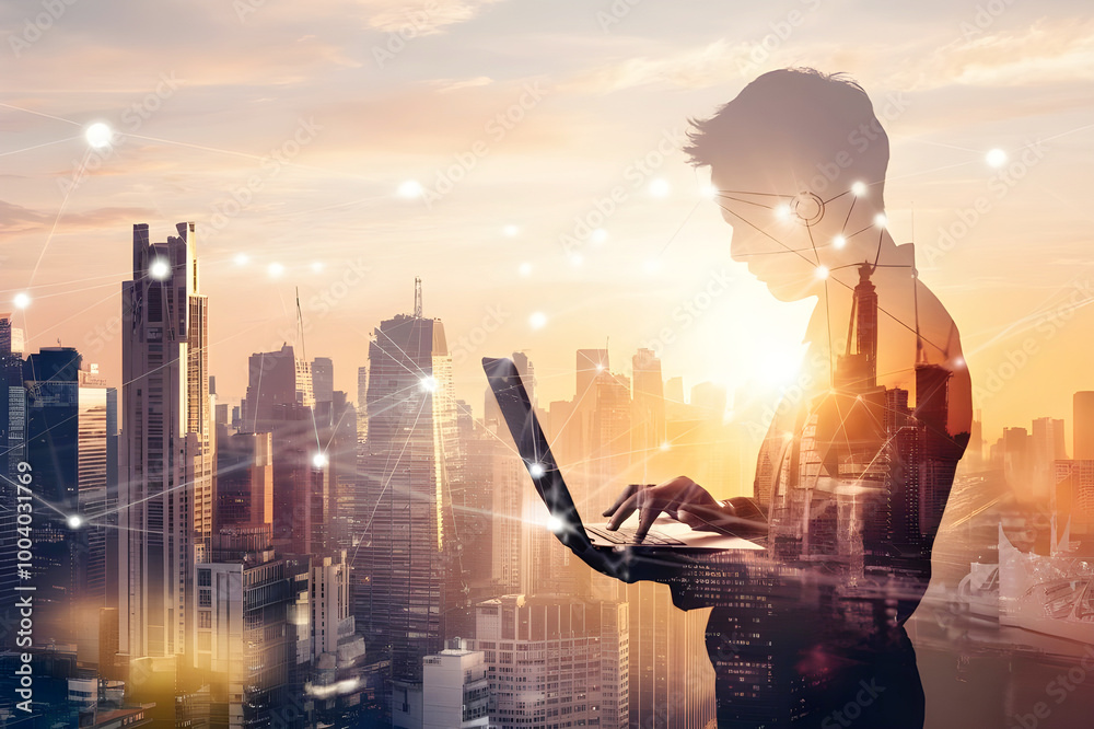 Silhouette of a businessman typing on a laptop with a city skyline at sunset network data connection
