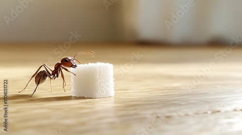 An ant pushing a sugar cube on a wooden floor, with a simple white background. The ant is intricately detailed, showcasing its tiny legs and antennae as it strains to move the cube.