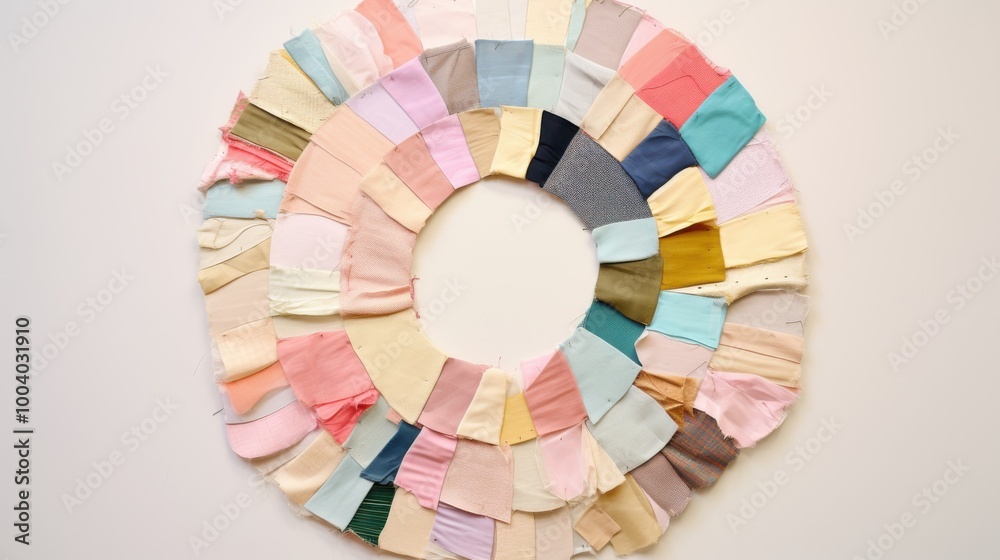 Fototapeta premium A circular arrangement of pastel fabric scraps forms an artistic pattern on a plain background, showcasing creativity and textile craftsmanship.