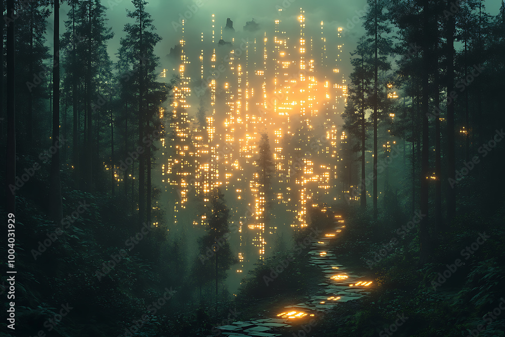 illustration featuring digital abstract technology with space for titles, layered over a forest background. Ideal for tech design concepts.
illustration featuring digital abstract technology with space for titles, layered over a forest background. Ideal for tech design concepts.