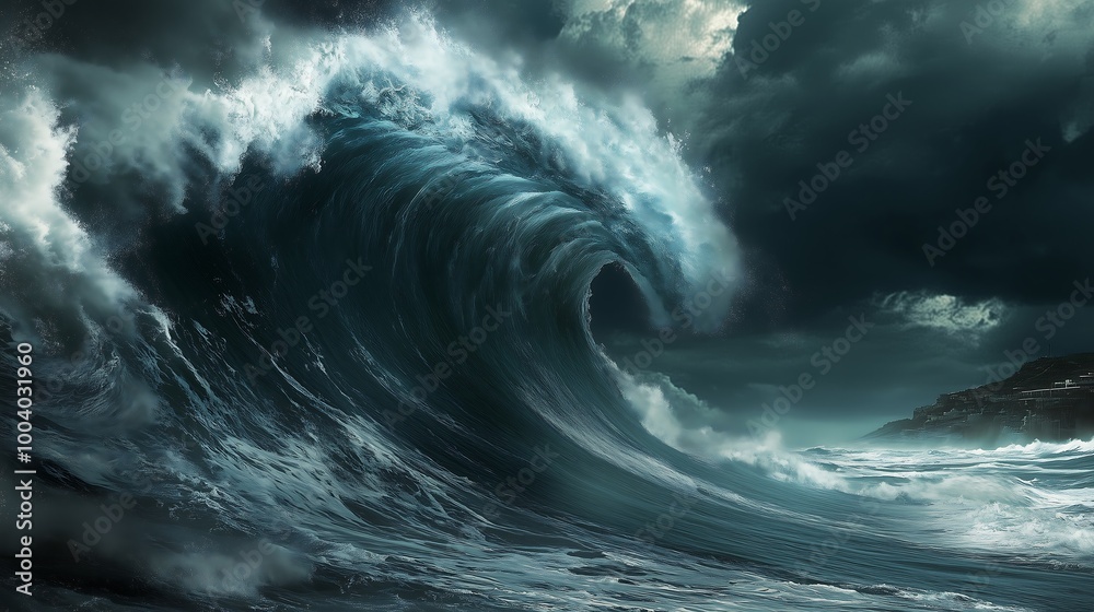 Fototapeta premium A massive tsunami wave rising powerfully from the ocean, captured in mid-motion as it curls and towers over the horizon. The wave is detailed with turbulent water, white foam, and dark.