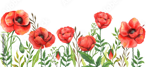 Poppy Watercolor Illustration. Green Leaves and Flowers Aquarelle Trendy graphics. Greenery Branches and Blooming Wildflowers. Red Poppy bouquets for luxury wedding invitations, cards, labels.