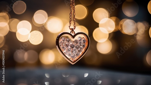 A sparkling heart-shaped pendant dangles elegantly from a delicate necklace chain, with warm bokeh lights enhancing its romantic glow.