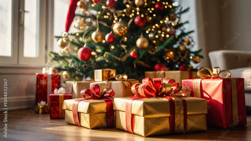 Christmas tree decorated with red and gold ornaments in a luxurious sunlit room, surrounded by gifts. Christmas tree decorated with red and gold ornaments in a luxurious sunlit room, surrounded by gifts.