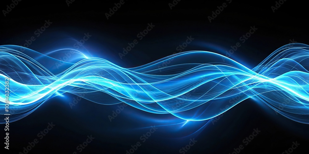 Obraz premium Wide-angle glowing blue waves of light undulate gracefully against a dark background