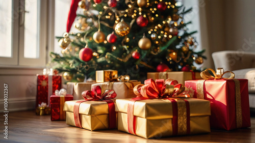 Christmas tree decorated with red and gold ornaments in a luxurious sunlit room, surrounded by gifts.