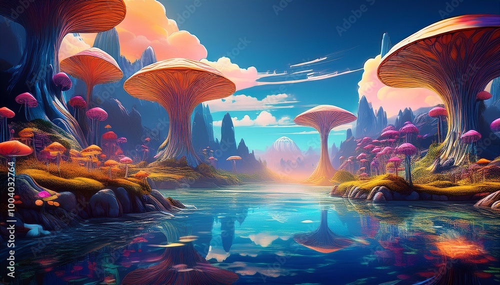 Fototapeta premium Enchanted Mushroom Forest Landscape with Majestic River