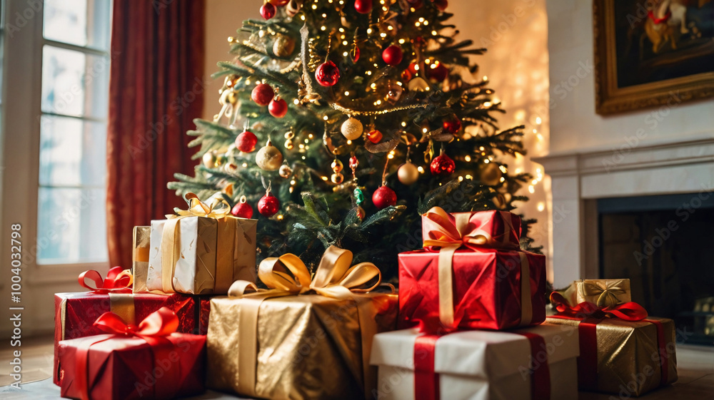 Christmas tree decorated with red and gold ornaments in a luxurious sunlit room, surrounded by gifts. Christmas tree decorated with red and gold ornaments in a luxurious sunlit room, surrounded by gifts.
