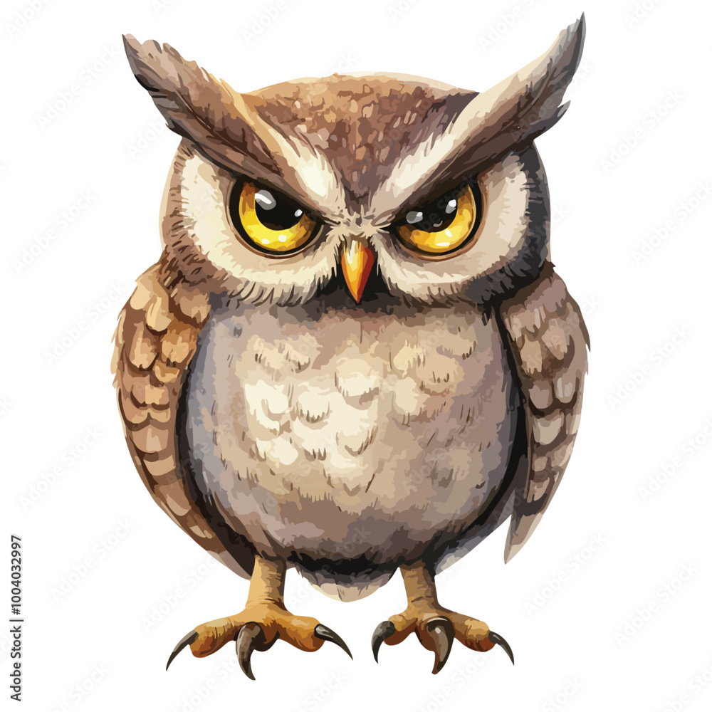 Naklejka premium Sinister Owl Watercolor Illustration in Cartoon Style for Professional Designs