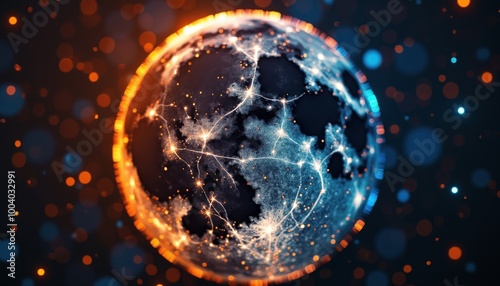 La planète, aux teintes bleu et orange, brille dans une abstraction lumineuse, ses éclats graphiques formant une vision moderne et intrigante.