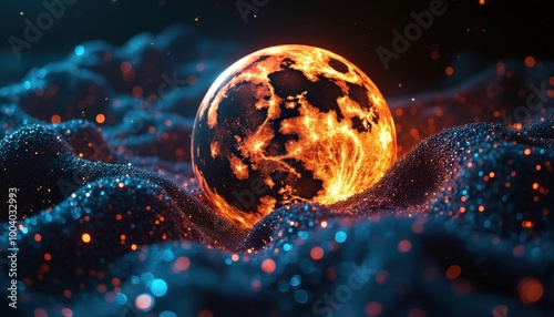 Une planète abstraite, baignée de lumières bleu et orange, offre un spectacle graphique futuriste, ses contours lumineux se déformant dans une beauté irréelle.