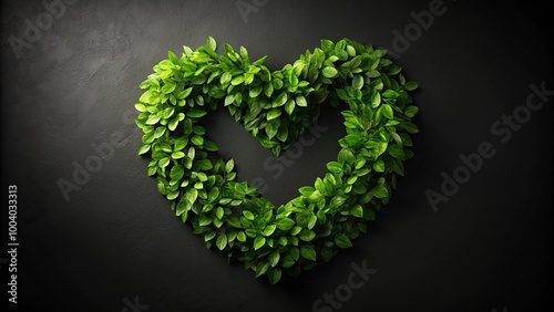 Wide-Angle Heart with green leaves on a black background