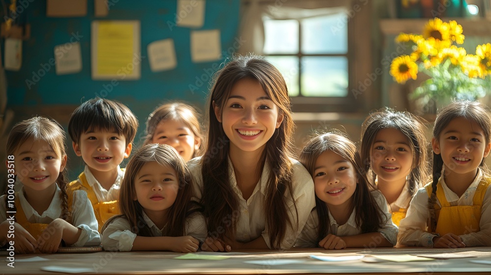 a group of children and a person smiling a group of children and a person smiling