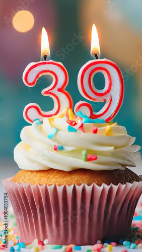 Birthday cupcake with burning lit candle with number 39. Number thirtynine for thirtynine years or thirtyninth anniversary. photo