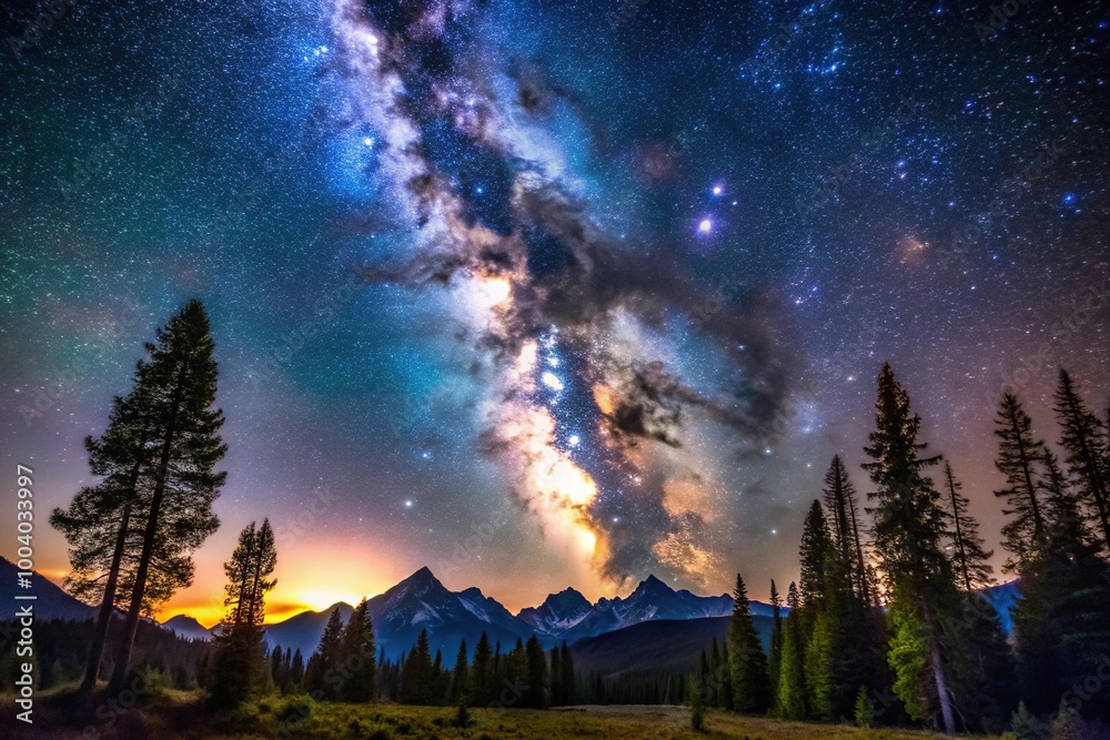 Wide-angle landscape of stars, trees, mountains, and Milky Way Wide-angle landscape of stars, trees, mountains, and Milky Way