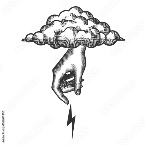 Hand of God sends lightning from sky cloud engraving generative ai vector illustration. Scratch board style imitation. Black and white hand drawn image. 