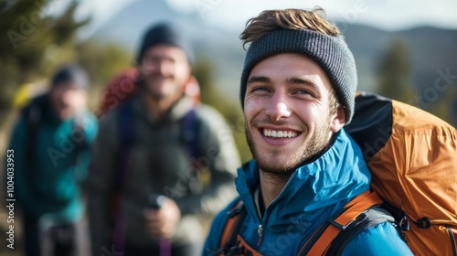 A man with a backpack and a hat is smiling