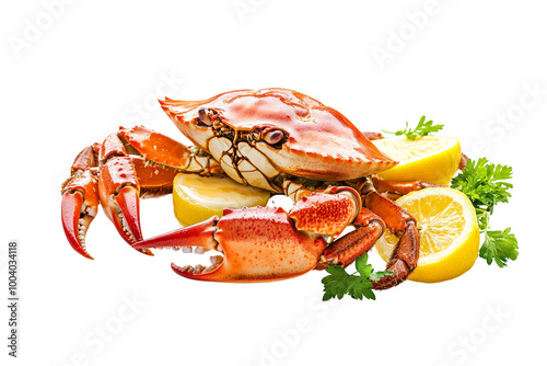 Steamed crab with lemon slices and a drizzle of melted butter ,Isolated on transparent background