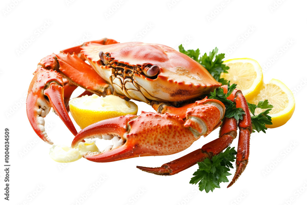 Steamed crab with lemon slices and a drizzle of melted butter ,Isolated on transparent background Steamed crab with lemon slices and a drizzle of melted butter ,Isolated on transparent background