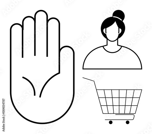 Hand gesture, woman profile, and shopping cart in simplified style. Ideal for communication, customer service, shopping, e-commerce, and social interaction. Bold lines, minimalist style