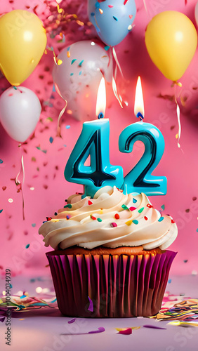 Birthday cupcake with burning lit candle with number 42. Number fortytwo for fortytwo years or fortysecond anniversary. photo