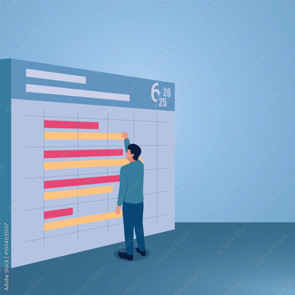 A man organizes work timeline on a calendar board, time management, time optimization, efficiency and effectiveness. A man organizes work timeline on a calendar board, time management, time optimization, efficiency and effectiveness.