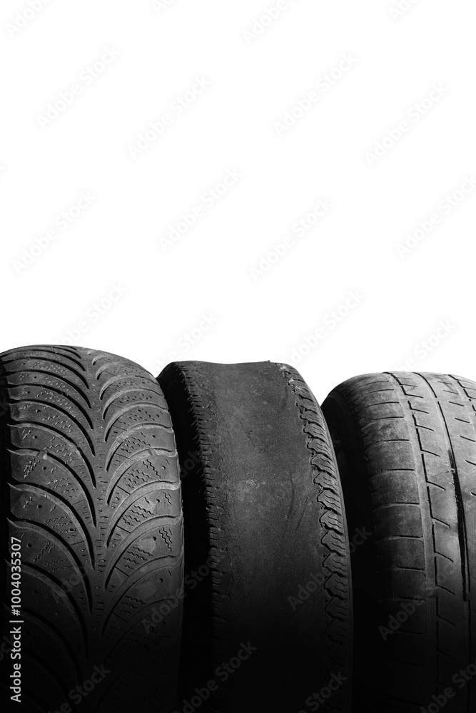 old worn damaged tires isolated on white background old worn damaged tires isolated on white background