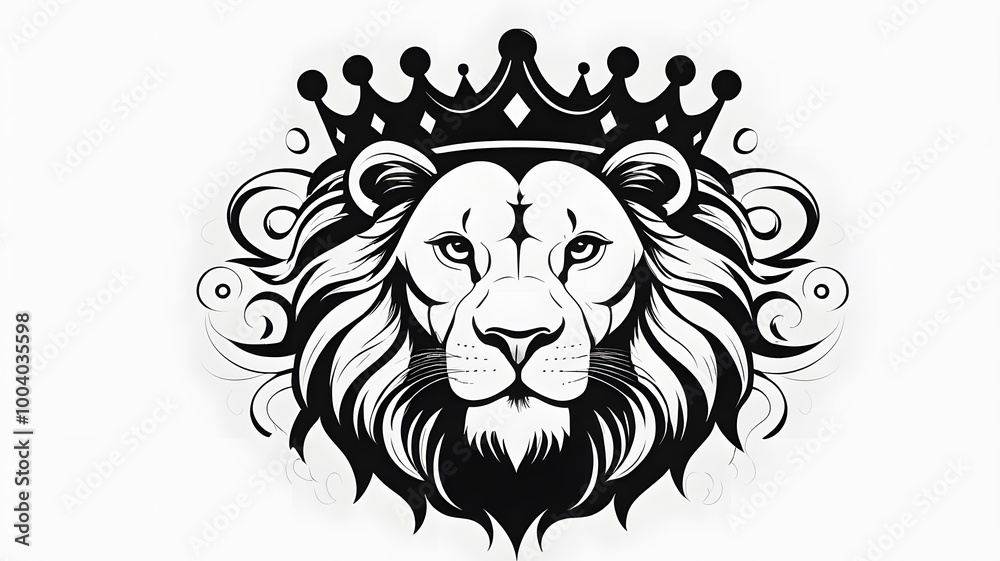 Illustration of a majestic lion head with a crown, representing strength and royalty Illustration of a majestic lion head with a crown, representing strength and royalty