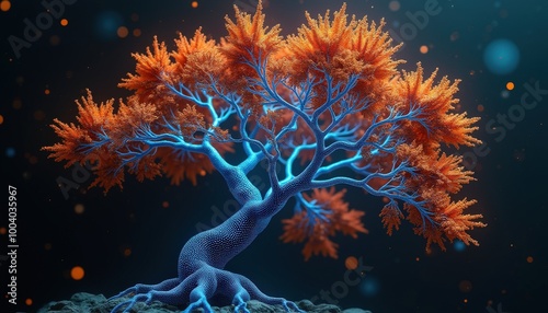 Un arbre stylisé s'illumine de bleu et orange, ses formes abstraites s'étirant dans un éclat graphique et onirique, captivant l’œil.