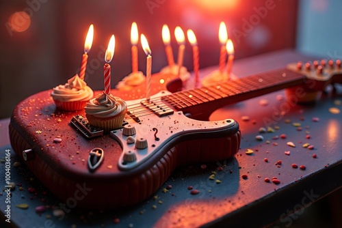 Musical Birthday Treat: Guitar decorated with cupcakes and lit candles