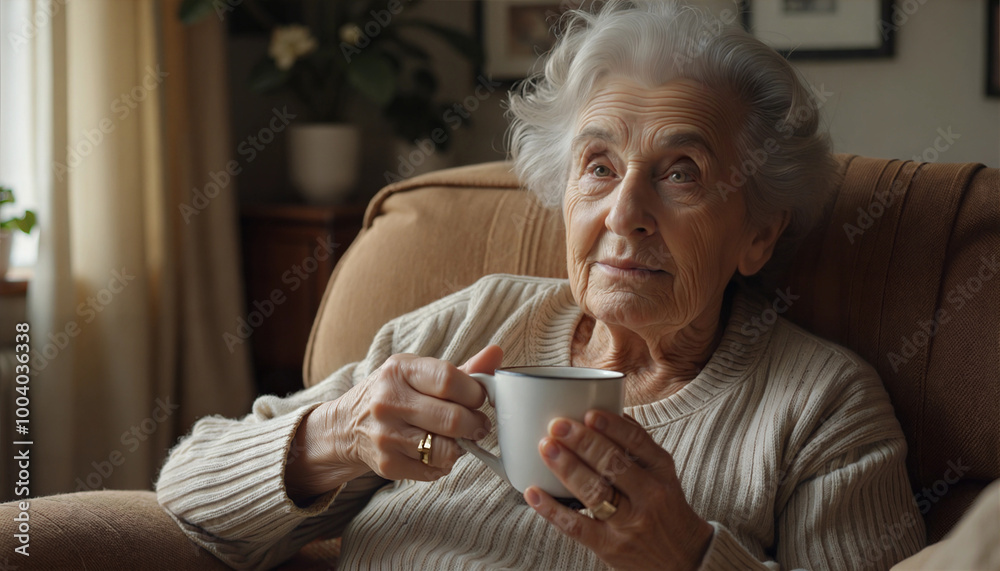 A heartwarming image of an elderly woman enjoying a cup of tea in a cozy armchair A heartwarming image of an elderly woman enjoying a cup of tea in a cozy armchair