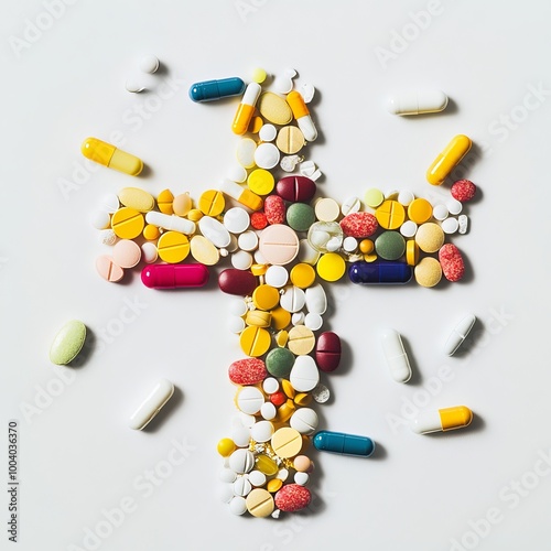 Medical assistance. Various pills are laid out in the shape of a cross on a white background. health and medicine. crossword photo