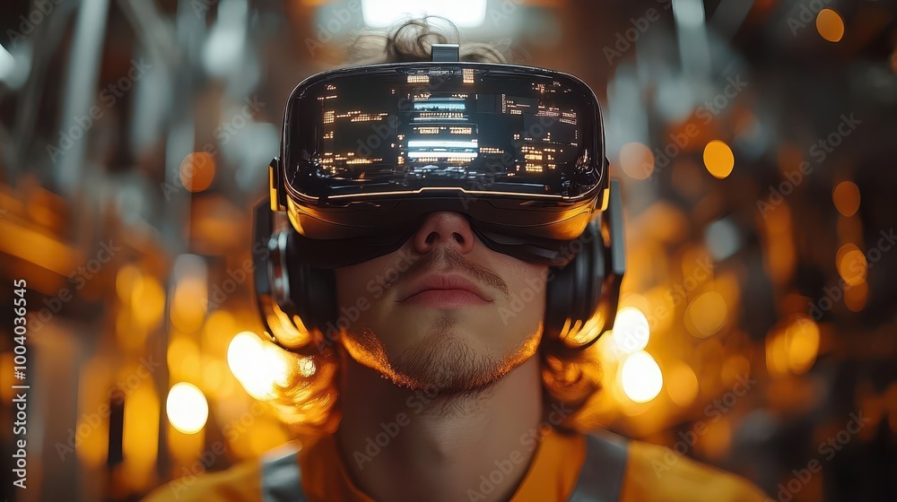 a man fully immersed in a virtual reality headset experiences a futuristic factory environment illustrating the fusion of technology and manufacturing a man fully immersed in a virtual reality headset experiences a futuristic factory environment illustrating the fusion of technology and manufacturing