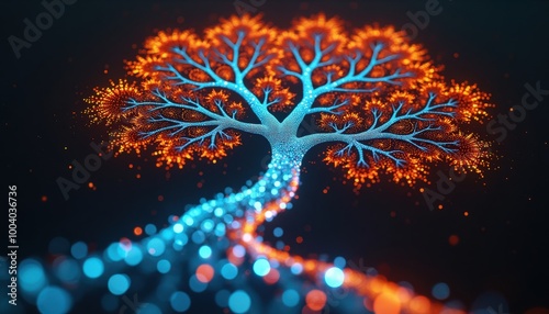 Des branches abstraites et lumineuses aux tons bleu et orange forment un arbre graphique, projetant une aura de mystère et de modernité.