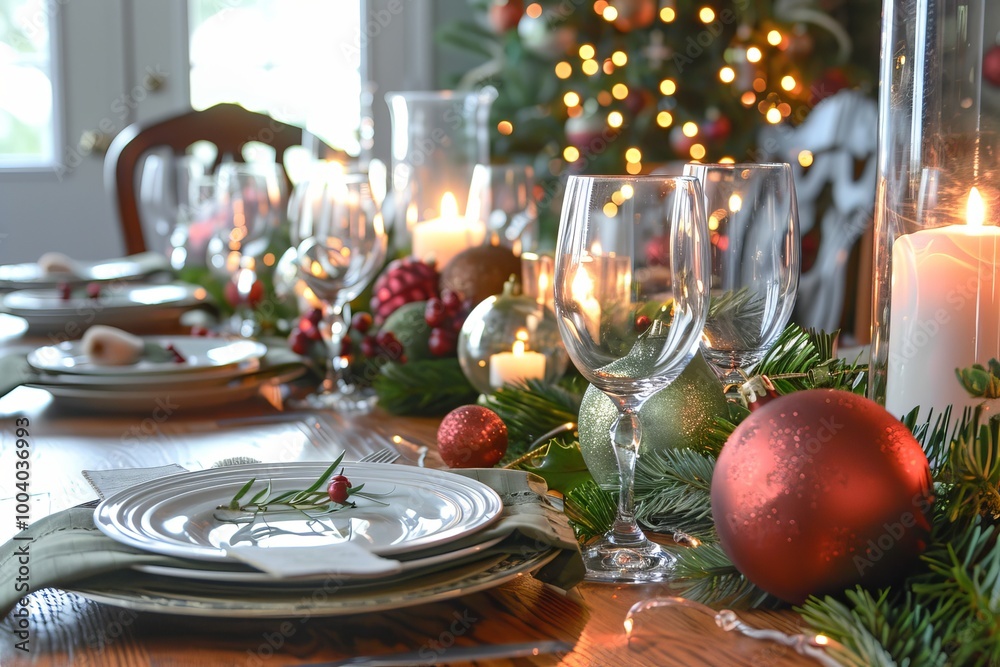 Naklejka premium Elegant holiday dining table with candles and festive decorations for christmas.