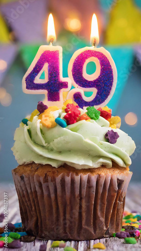 Birthday cupcake with burning lit candle with number 49. Number fourtynine for fourtynine years or fortyninth anniversary. photo