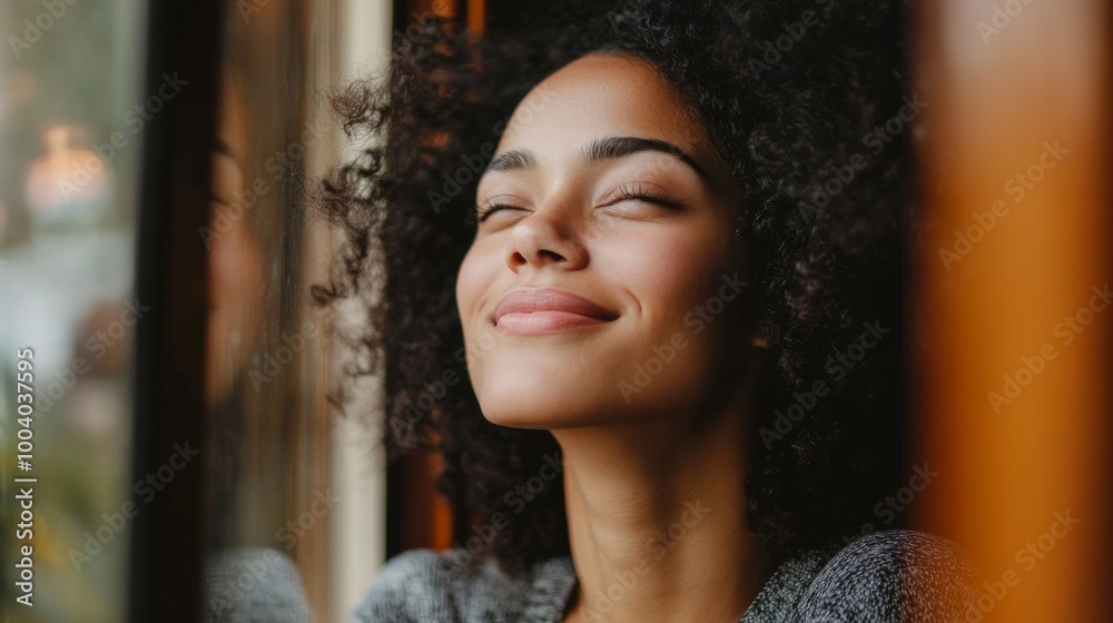 woman Gazing Out Window with Soft Smile woman Gazing Out Window with Soft Smile