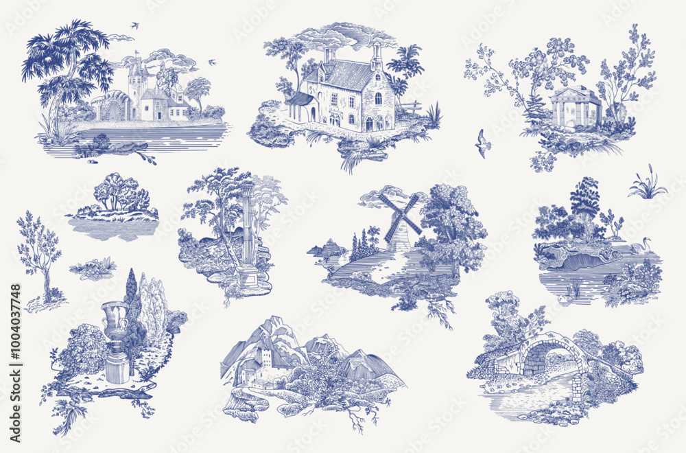 Set. Woodland. Architectural elements. Vector vintage illustration. Blue and white. 