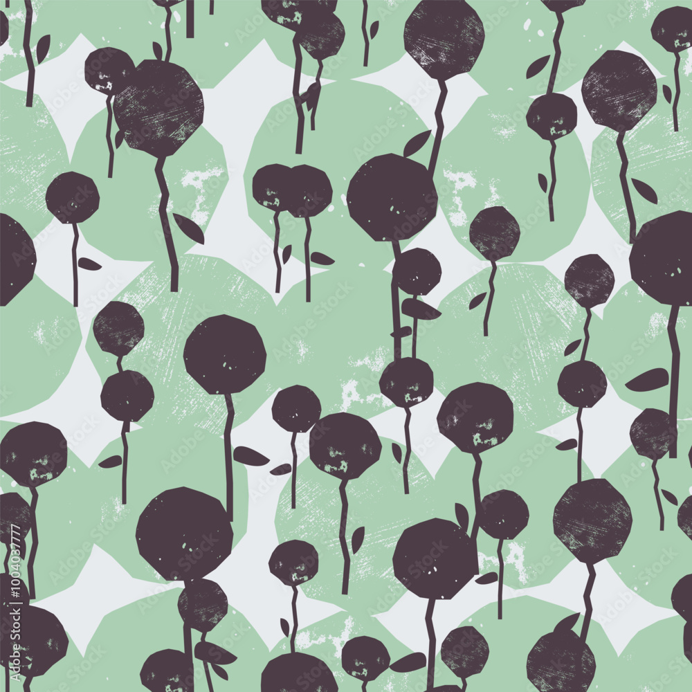 Obraz premium Floral seamless pattern with textured black flowers and green shapes. Vector background, print, design