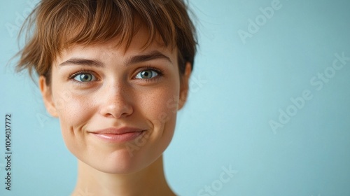 Smiling woman with Raised Eyebrow Against Blue Background