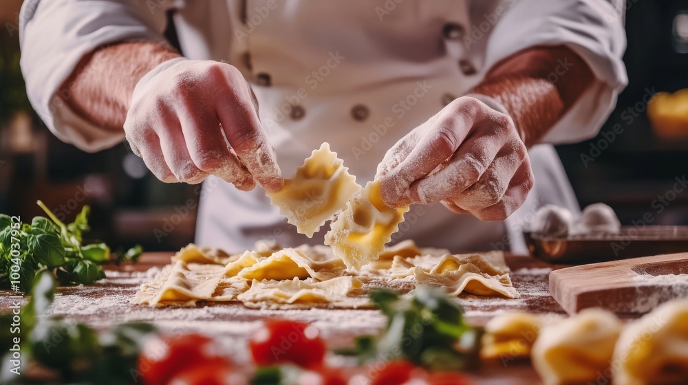 Chef Making Fresh Ravioli with Careful Precision Chef Making Fresh Ravioli with Careful Precision