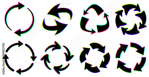 Set of circular glitch-style arrows featuring vibrant distortion. Vector illustration ideal for tech and modern designs.