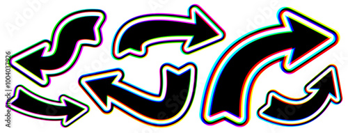 A set of bold hand-drawn black arrows with a striking glitch effect. The arrows are curved and angled in various directions