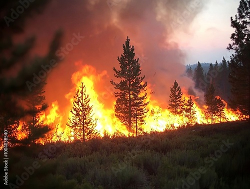 A dramatic scene of a forest fire engulfing trees with flames and smoke, showcasing the impact of wildfires on nature.