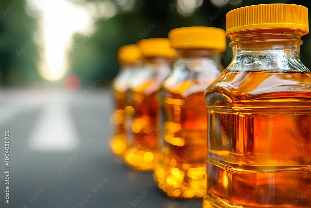 A row of transparent bottles filled with golden liquid, showcasing vibrant colors and clear details for product photography. A row of transparent bottles filled with golden liquid, showcasing vibrant colors and clear details for product photography.