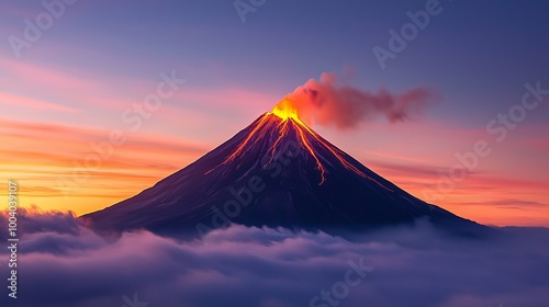 A stunning view of an active volcano erupting under a colorful sunset, surrounded by clouds and dramatic skies.